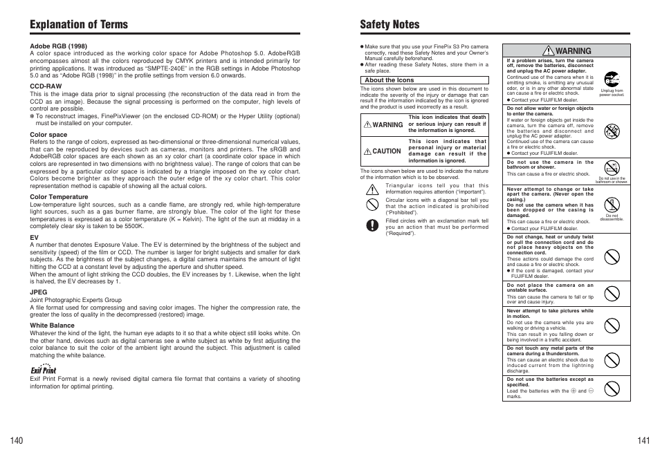 Explanation of terms, Warning | FujiFilm FinePix S3Pro User Manual | Page 71 / 73