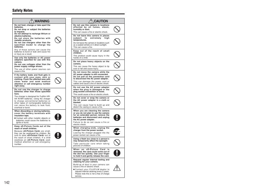 142 caution, Warning | FujiFilm FinePix S3Pro User Manual | Page 72 / 73