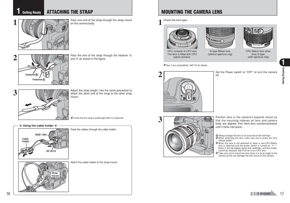 Mounting the camera lens, Attaching the strap | FujiFilm FinePix S3Pro User Manual | Page 9 / 73