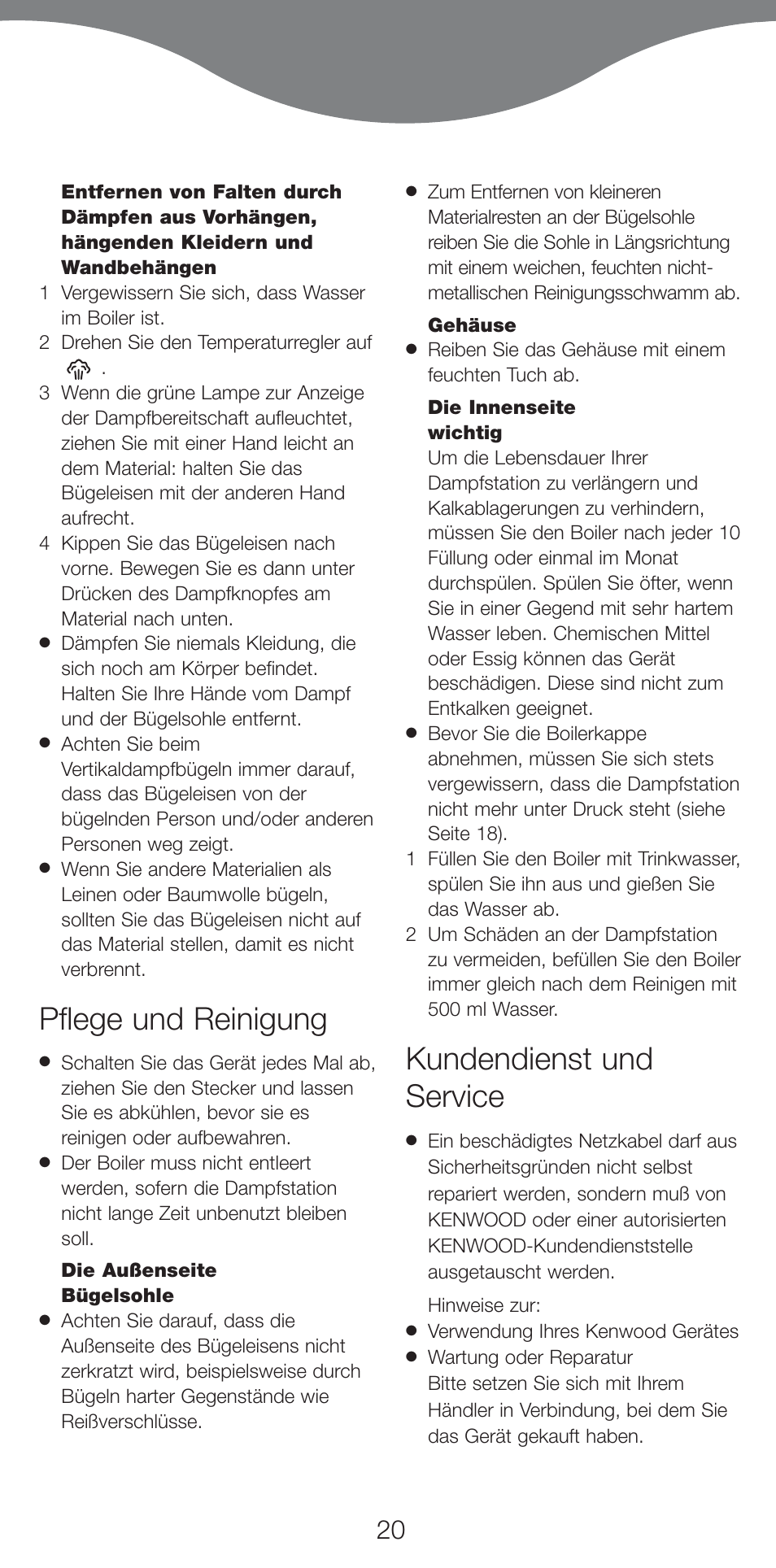 Pflege und reinigung, Kundendienst und service | Kenwood IC400 Series User Manual | Page 22 / 90