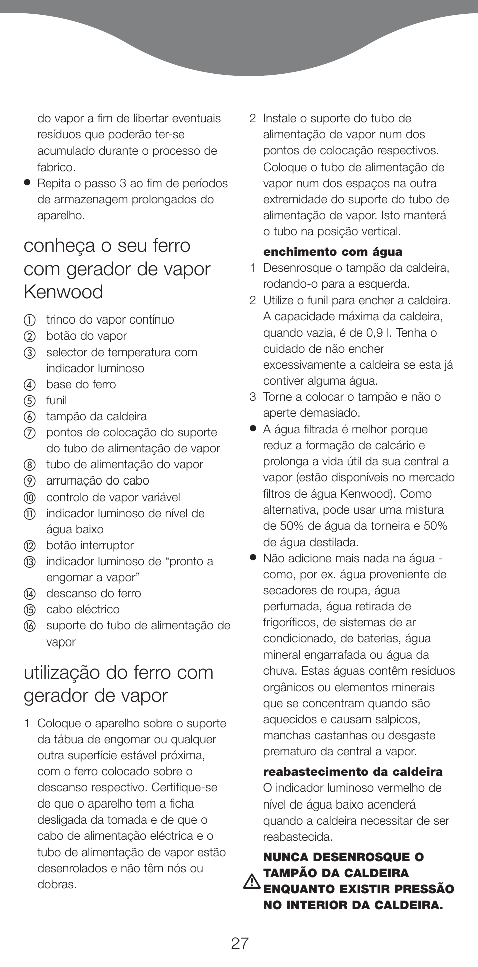 Conheça o seu ferro com gerador de vapor kenwood, Utilização do ferro com gerador de vapor | Kenwood IC400 Series User Manual | Page 29 / 90