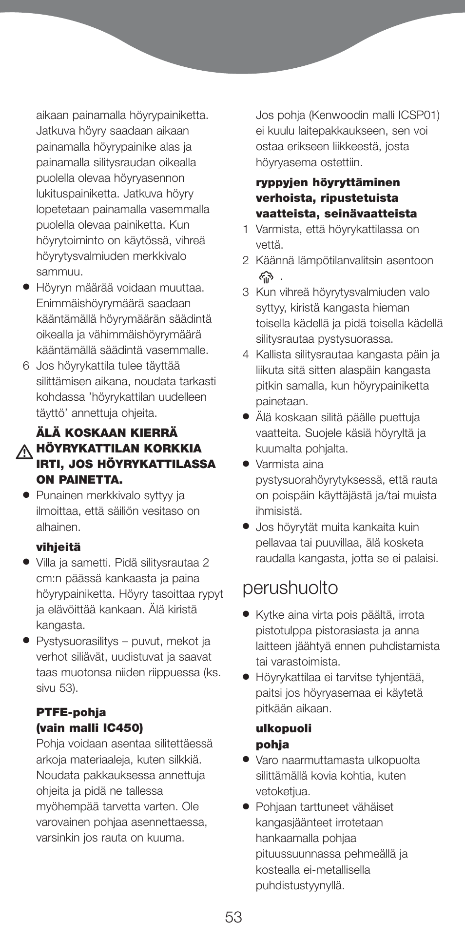 Perushuolto | Kenwood IC400 Series User Manual | Page 55 / 90