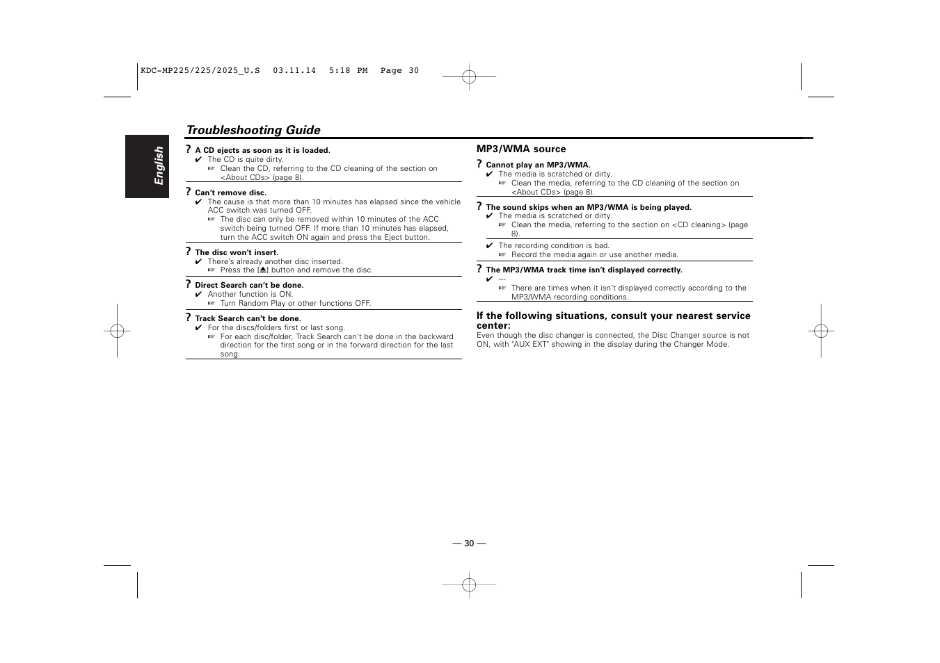 Troubleshooting guide | Kenwood KDC-2025 User Manual | Page 30 / 96