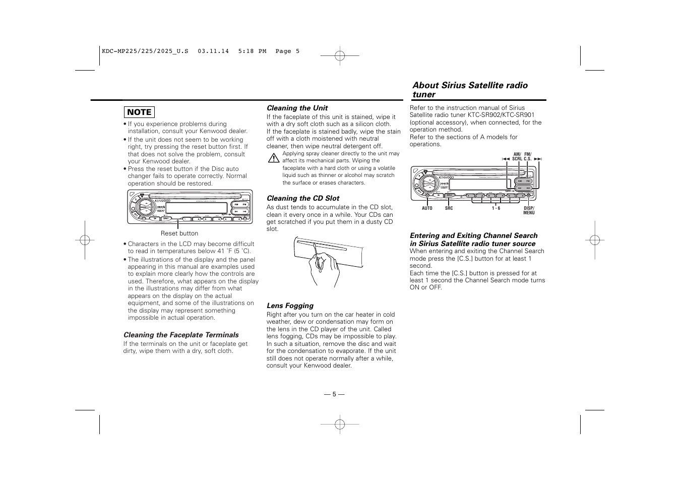 About sirius satellite radio tuner | Kenwood KDC-2025 User Manual | Page 5 / 96