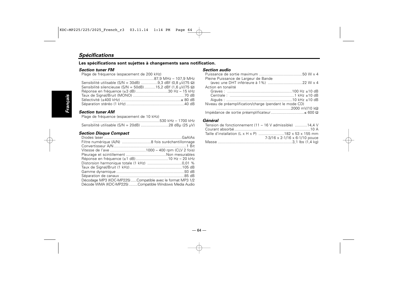 Specifications | Kenwood KDC-2025 User Manual | Page 64 / 96