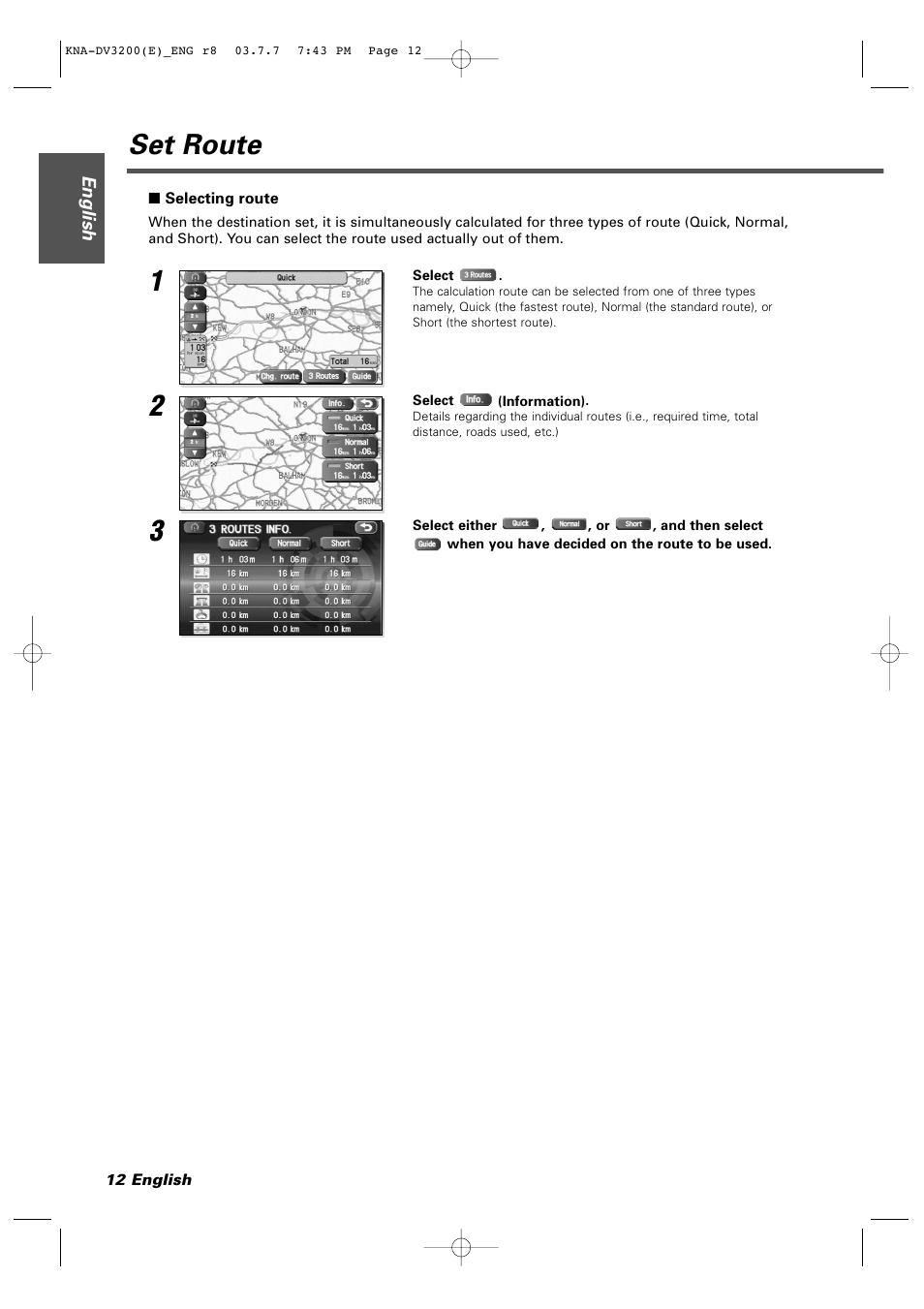 Selecting route, Set route | Kenwood DVD NAVIGATION SYSTEM KNA-DV3200 User Manual | Page 12 / 60