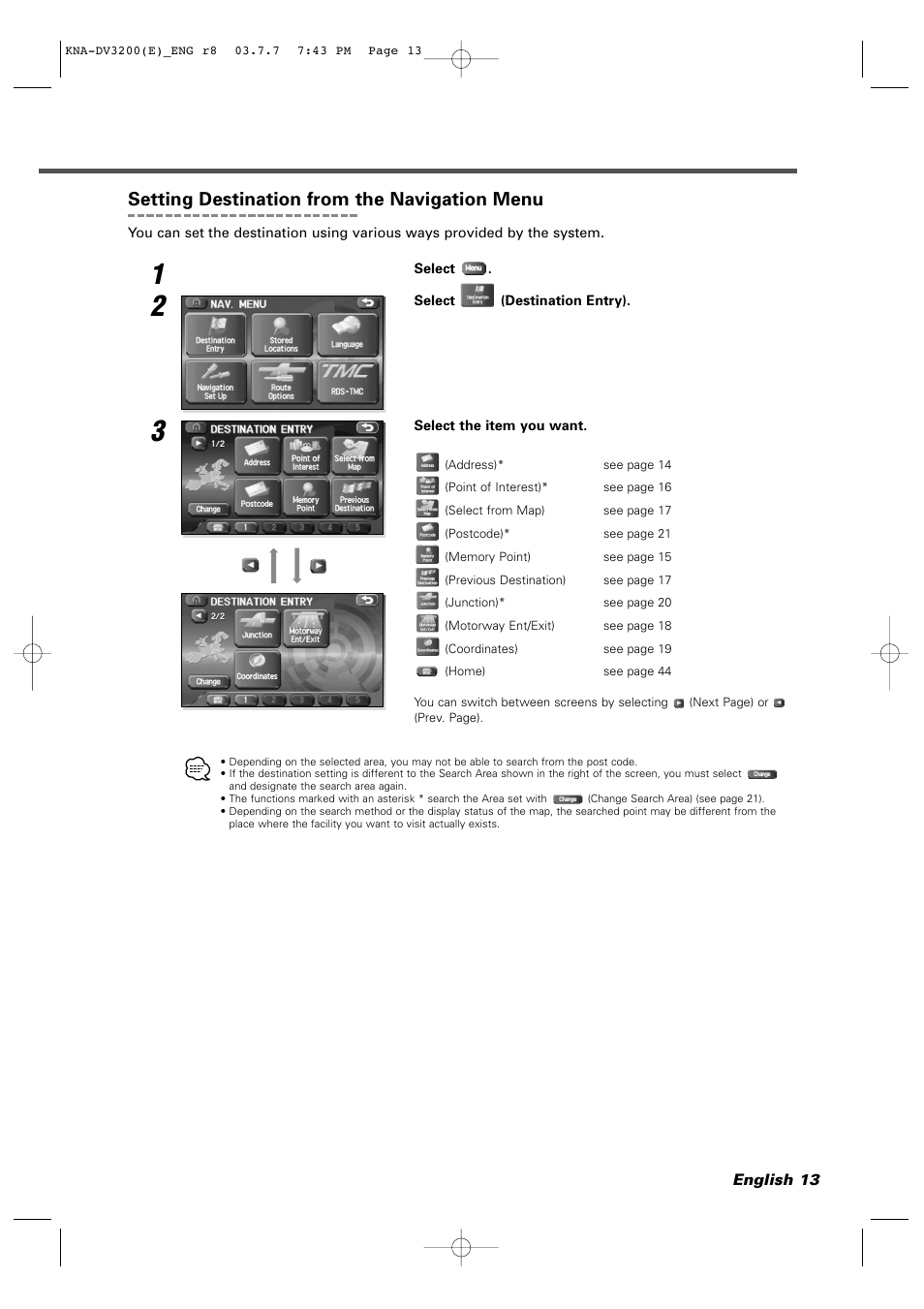 Setting destination from the navigation menu | Kenwood DVD NAVIGATION SYSTEM KNA-DV3200 User Manual | Page 13 / 60