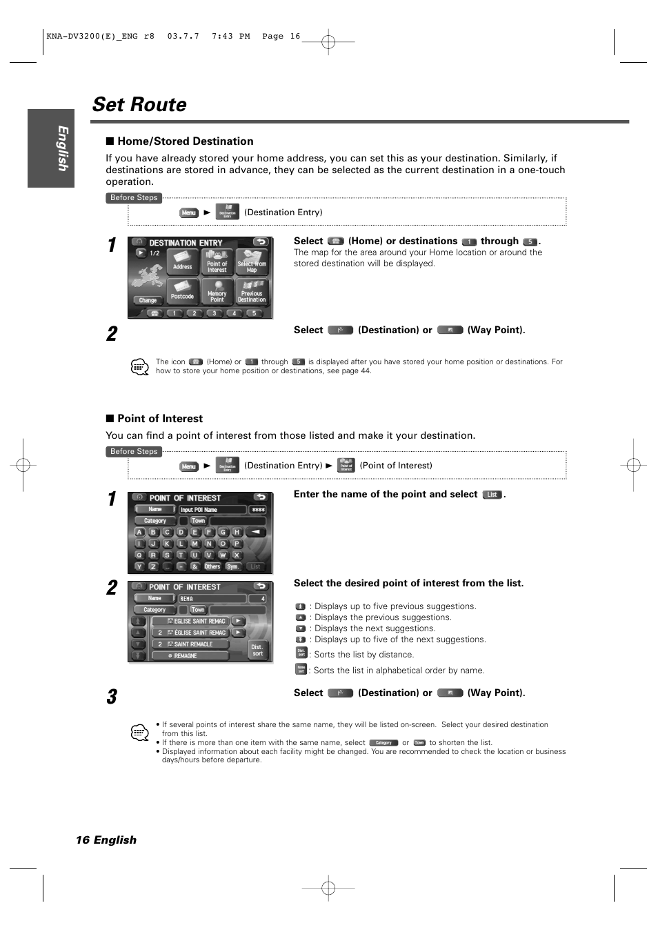 Home/stored destination, Point of interest, Set route | English | Kenwood DVD NAVIGATION SYSTEM KNA-DV3200 User Manual | Page 16 / 60