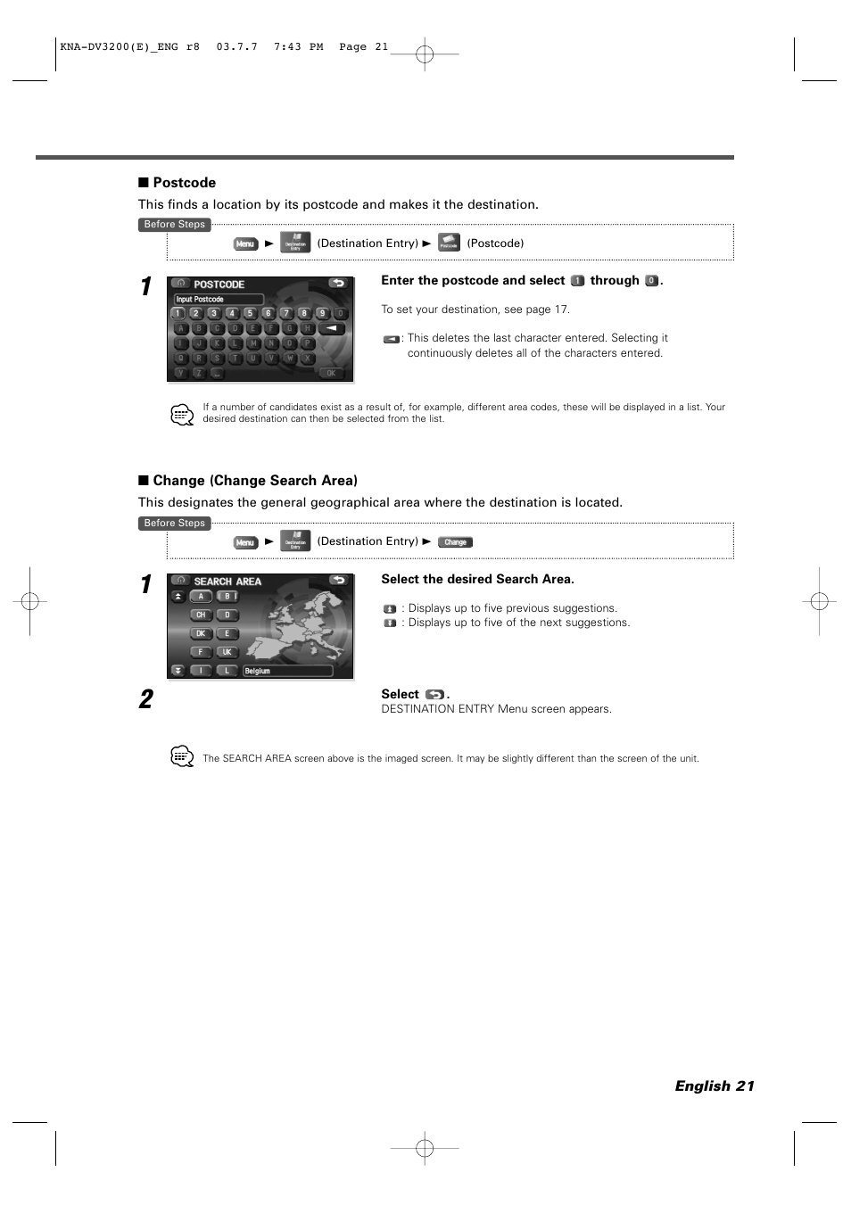 Postcode, Change (change search area) | Kenwood DVD NAVIGATION SYSTEM KNA-DV3200 User Manual | Page 21 / 60