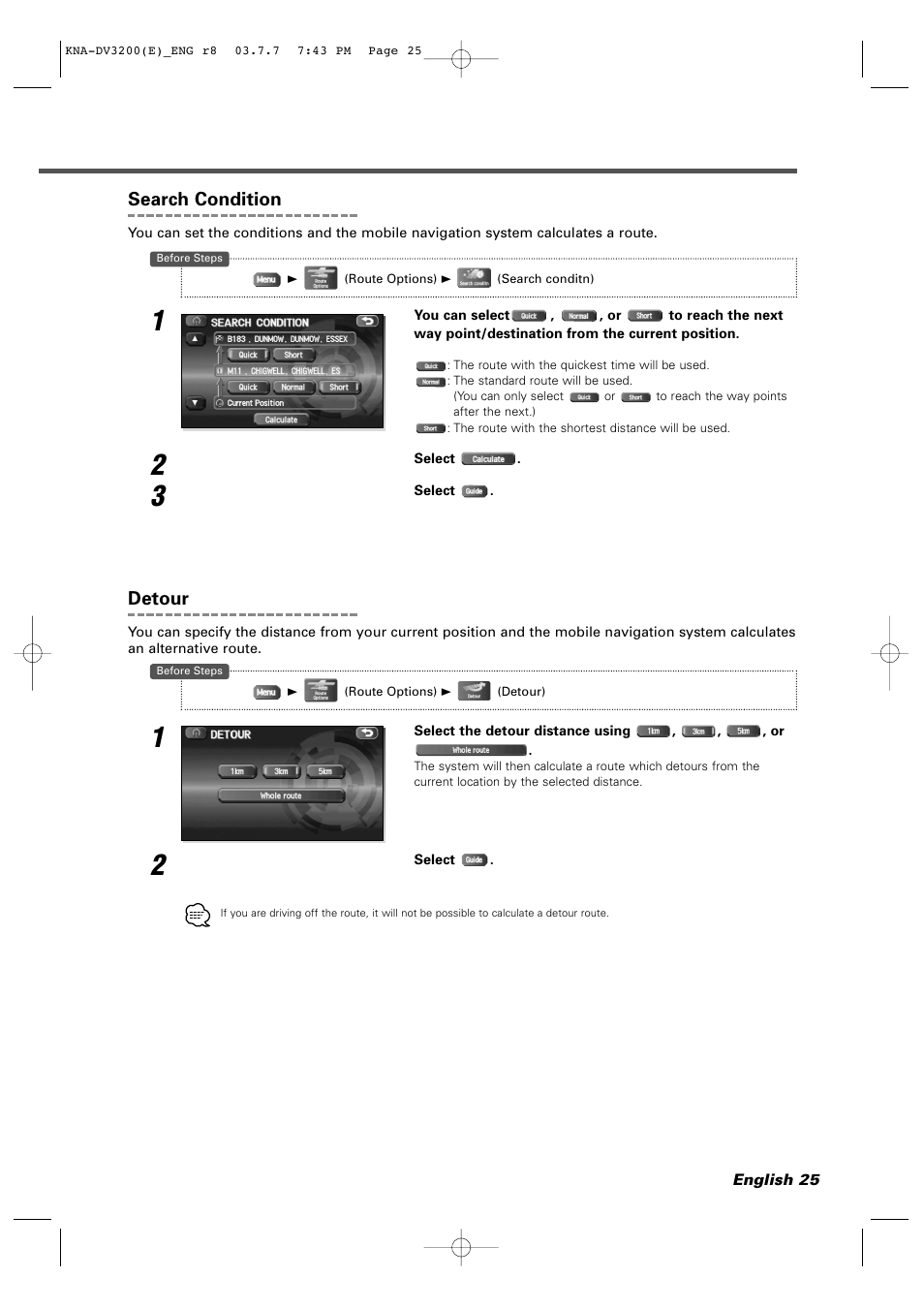 Search condition, Detour | Kenwood DVD NAVIGATION SYSTEM KNA-DV3200 User Manual | Page 25 / 60