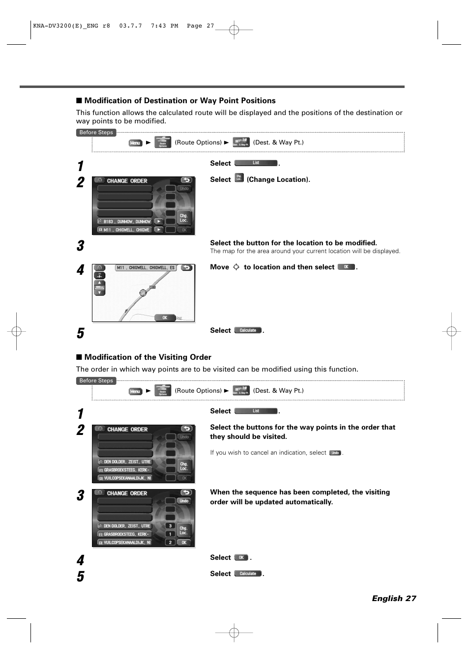 Modification of destination or way point positions, Modification of the visiting order | Kenwood DVD NAVIGATION SYSTEM KNA-DV3200 User Manual | Page 27 / 60