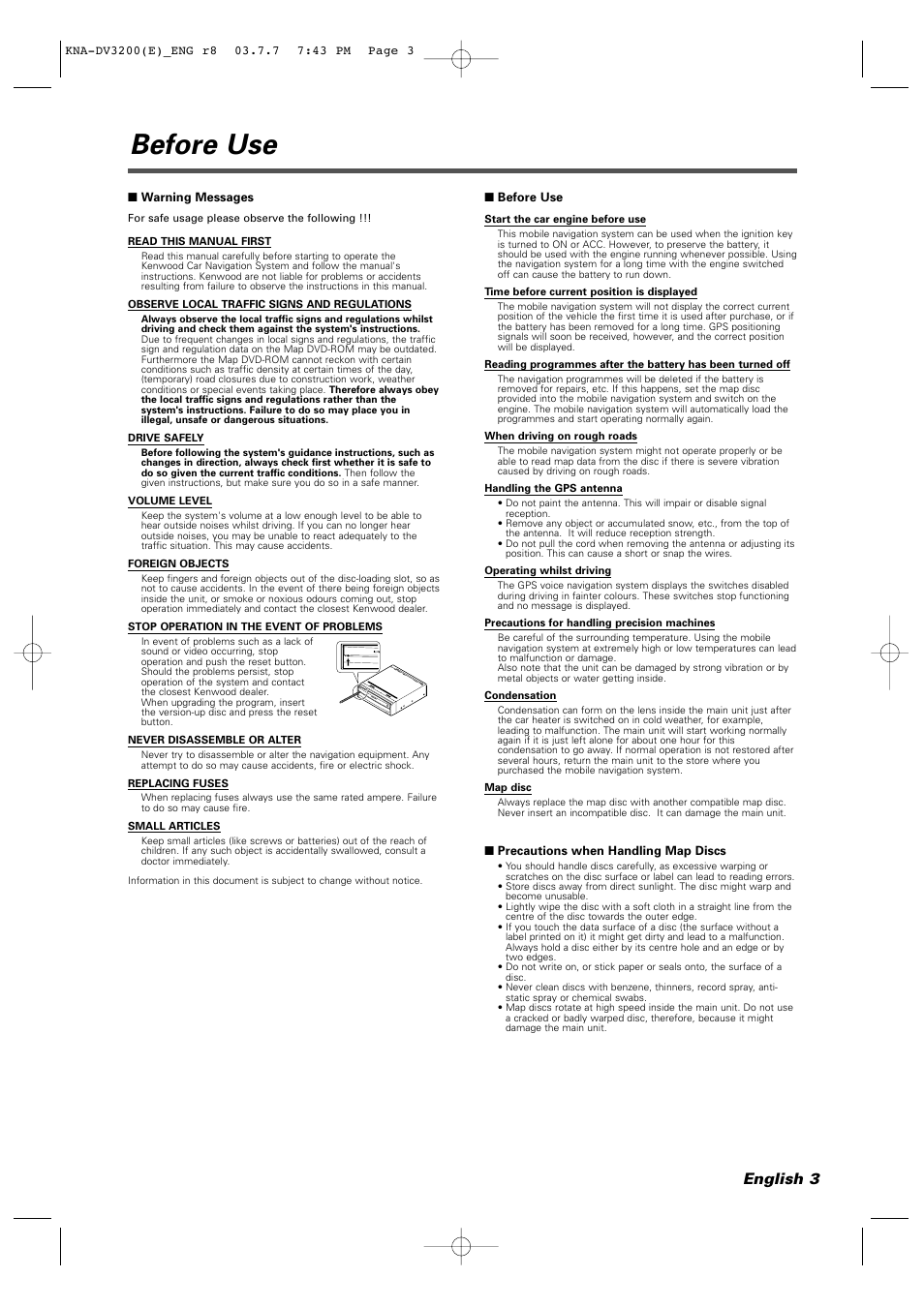 Before use, English 3 | Kenwood DVD NAVIGATION SYSTEM KNA-DV3200 User Manual | Page 3 / 60