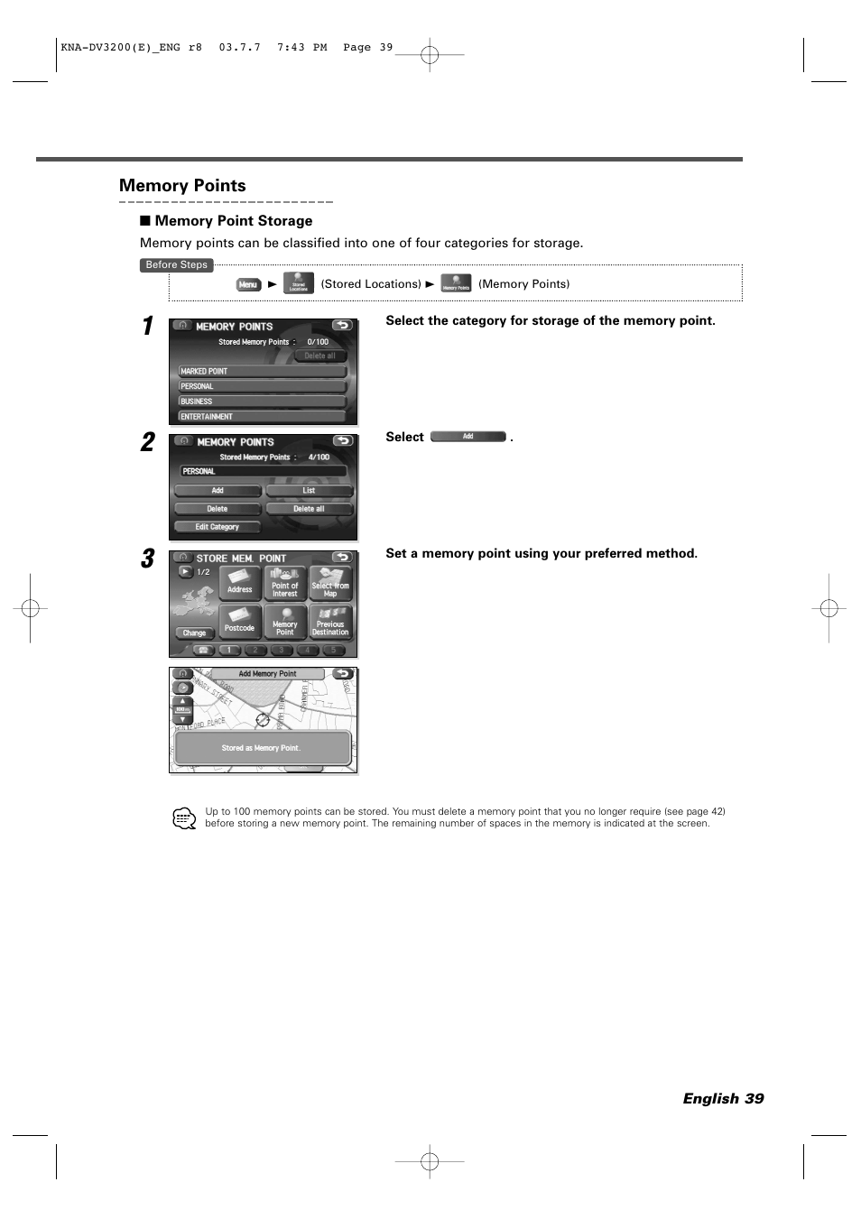 Memory points, Memory point storage | Kenwood DVD NAVIGATION SYSTEM KNA-DV3200 User Manual | Page 39 / 60