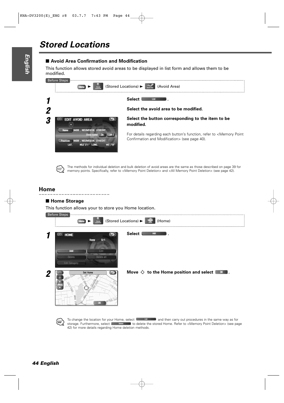 Avoid area confirmation and modification, Home, Home storage | Stored locations, English | Kenwood DVD NAVIGATION SYSTEM KNA-DV3200 User Manual | Page 44 / 60