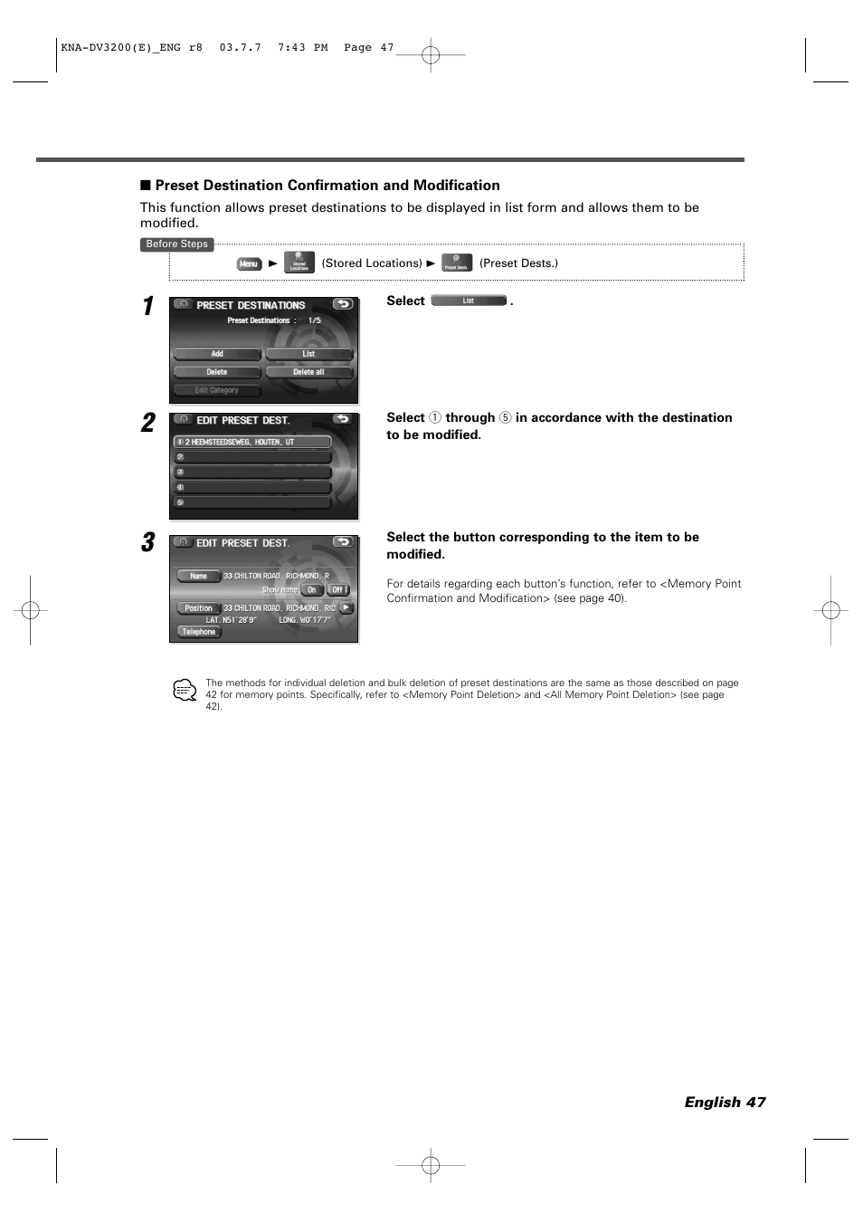 Preset destination confirmation and modification | Kenwood DVD NAVIGATION SYSTEM KNA-DV3200 User Manual | Page 47 / 60