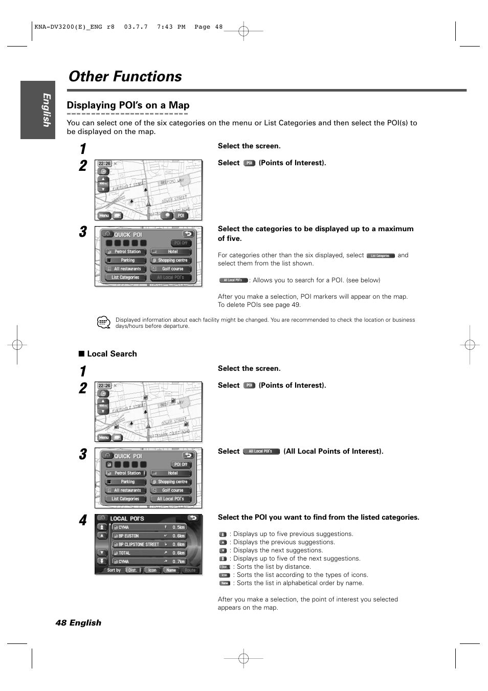 Other functions, Displaying poi’s on a map, Local search | Kenwood DVD NAVIGATION SYSTEM KNA-DV3200 User Manual | Page 48 / 60