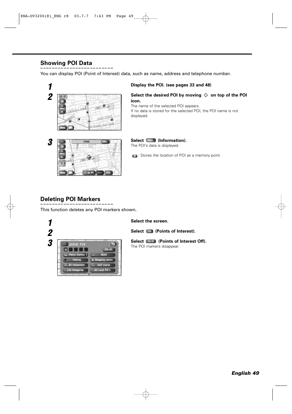 Showing poi data, Deleting poi markers | Kenwood DVD NAVIGATION SYSTEM KNA-DV3200 User Manual | Page 49 / 60