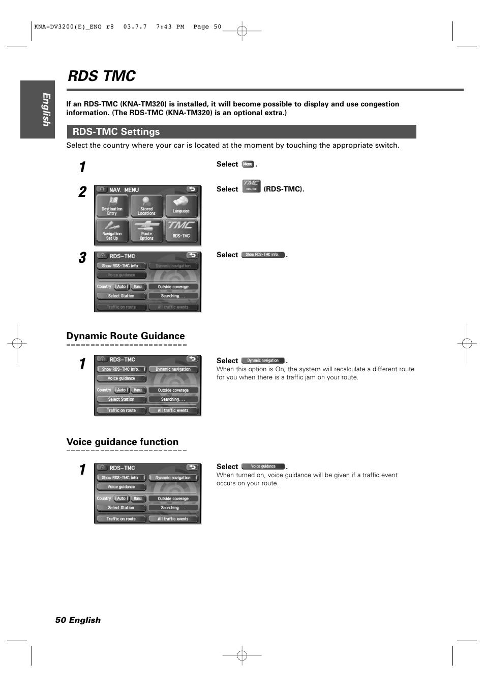 Rds tmc, Rds-tmc settings, Dynamic route guidance | Voice guidance function | Kenwood DVD NAVIGATION SYSTEM KNA-DV3200 User Manual | Page 50 / 60