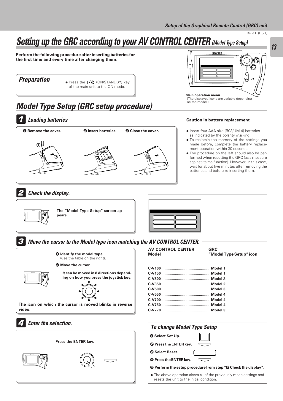 Model type setup (grc setup procedure), Preparation, Model type setup) | Loading batteries, Check the display, Enter the selection, Setup of the graphical remote control (grc) unit | Kenwood C-V750 User Manual | Page 13 / 60