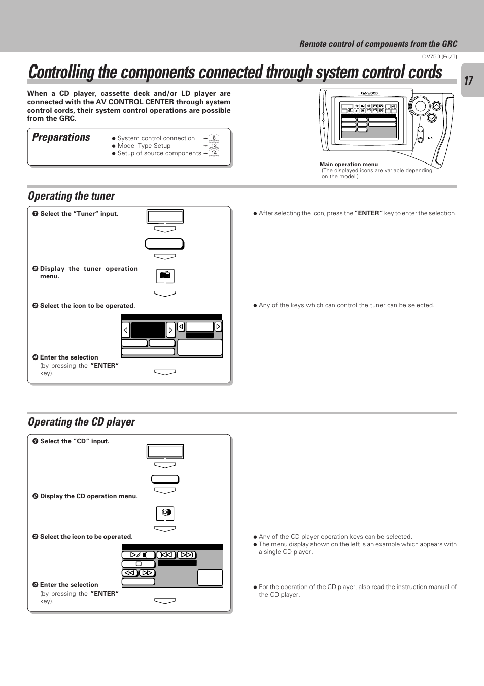 Preparations, Operating the tuner, Operating the cd player | Remote control of components from the grc, Tuner | Kenwood C-V750 User Manual | Page 17 / 60