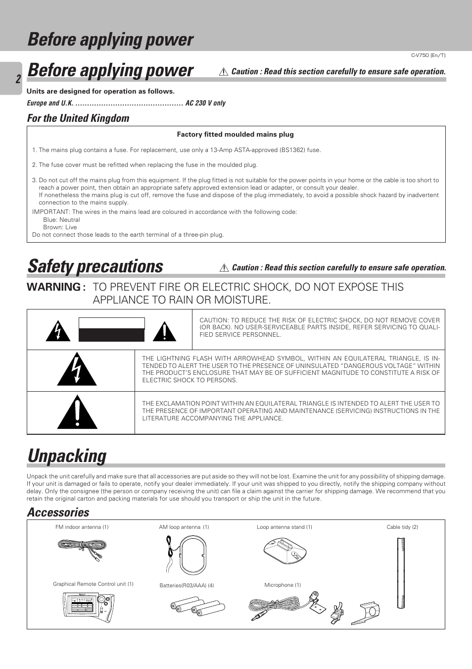 Before applying power, Safety precautions, Unpacking | Accessories, Unpacking before applying power safety precautions, For the united kingdom, Warning | Kenwood C-V750 User Manual | Page 2 / 60