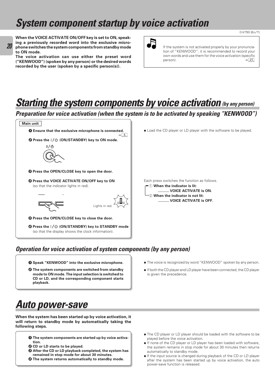 System component startup by voice activation, Auto power-save, Starting the system components by voice activation | By any person) | Kenwood C-V750 User Manual | Page 20 / 60