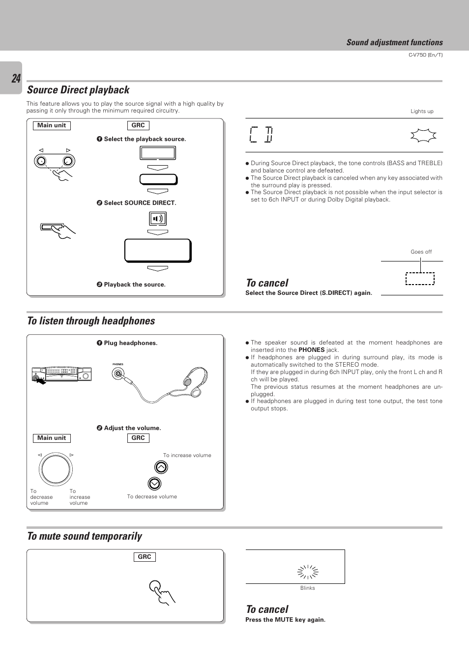 Source direct playback, Source direct, Sound adjustment functions | Kenwood C-V750 User Manual | Page 24 / 60