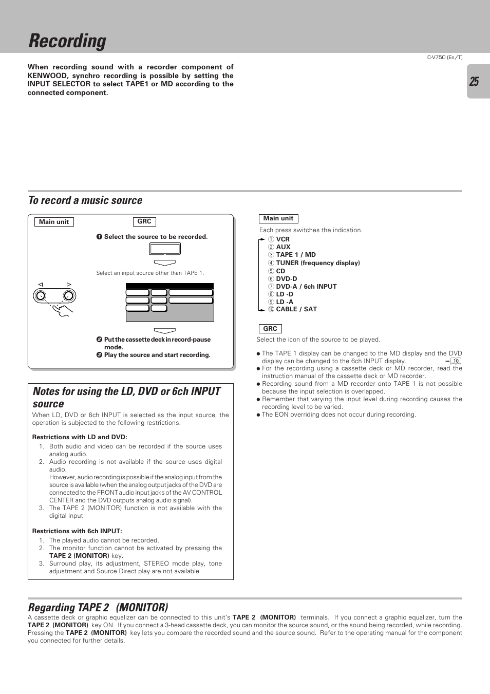 Recording, Regarding tape 2 (monitor) | Kenwood C-V750 User Manual | Page 25 / 60