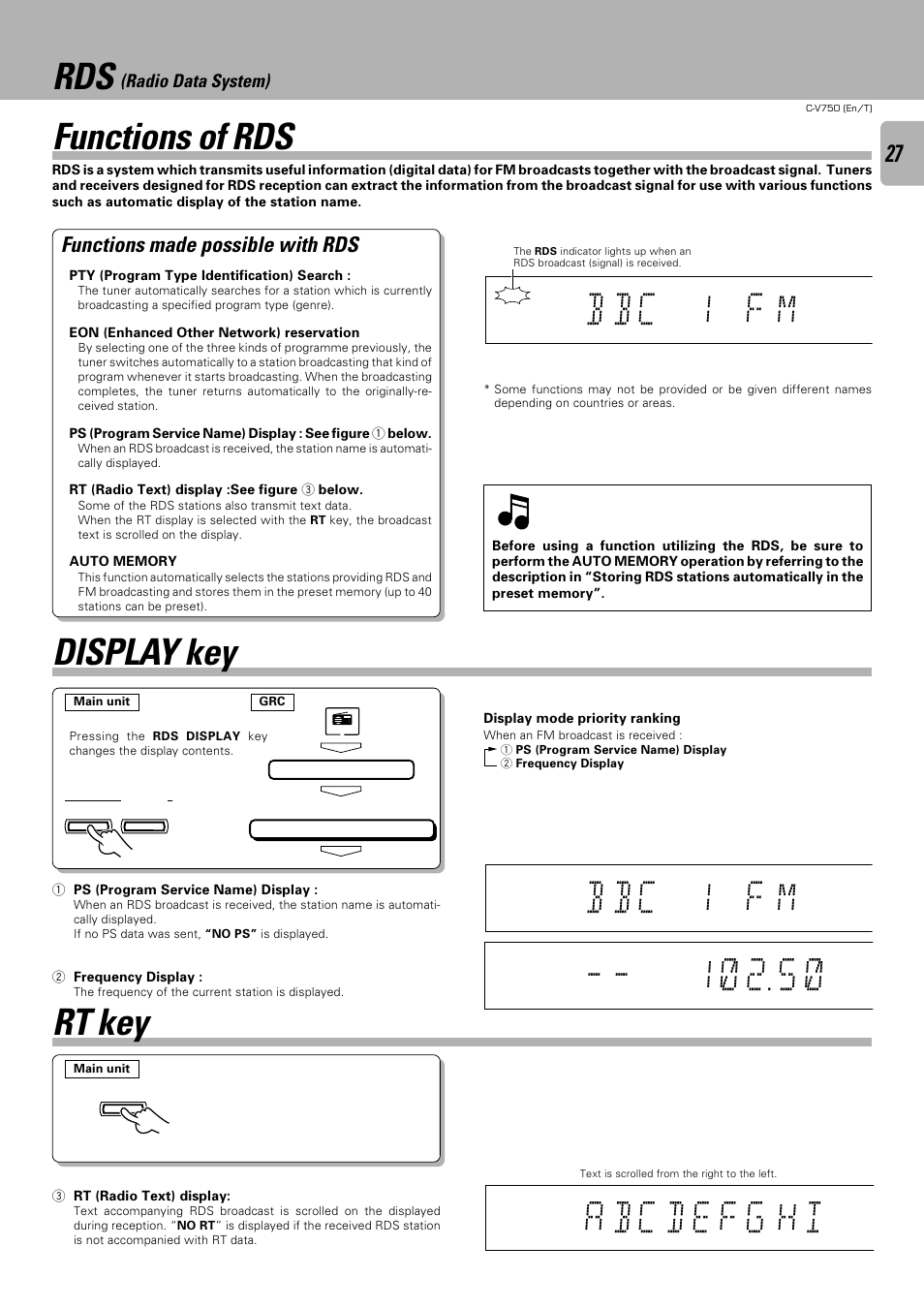 Rds (radio data system), Functions of rds, Display key | Rt key, B b c 1 f m, Rt key functions of rds, Functions made possible with rds | Kenwood C-V750 User Manual | Page 27 / 60