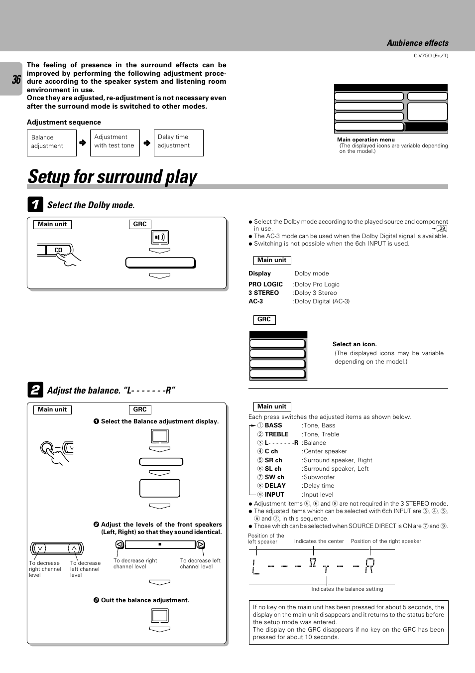 Setup for surround play, L - - - y t - - r, Select the dolby mode | Adjust the balance. “l- - - - - - -r, Ambience effects | Kenwood C-V750 User Manual | Page 36 / 60