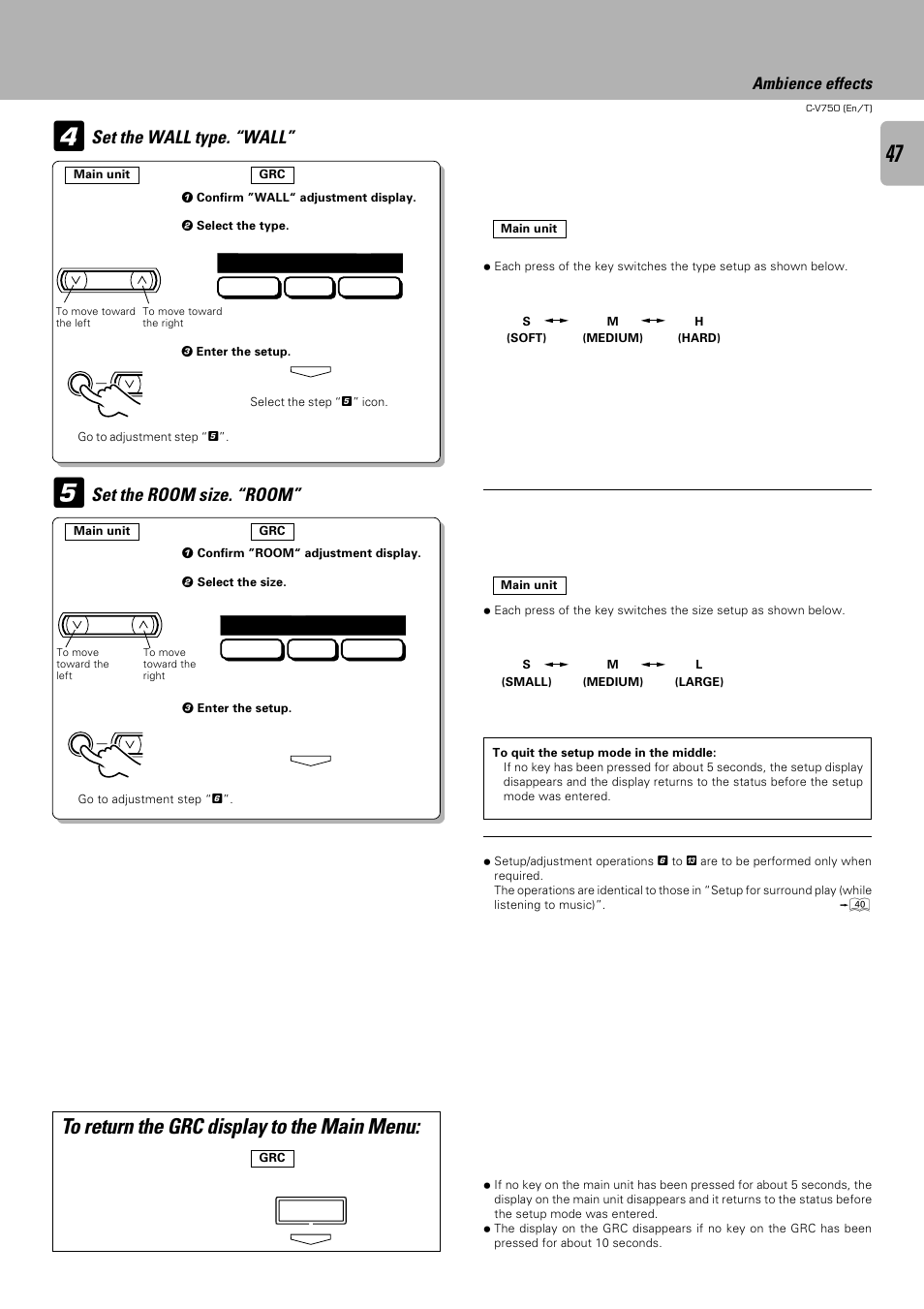 Set the wall type. “wall, Set the room size. “room, Ambience effects | Kenwood C-V750 User Manual | Page 47 / 60