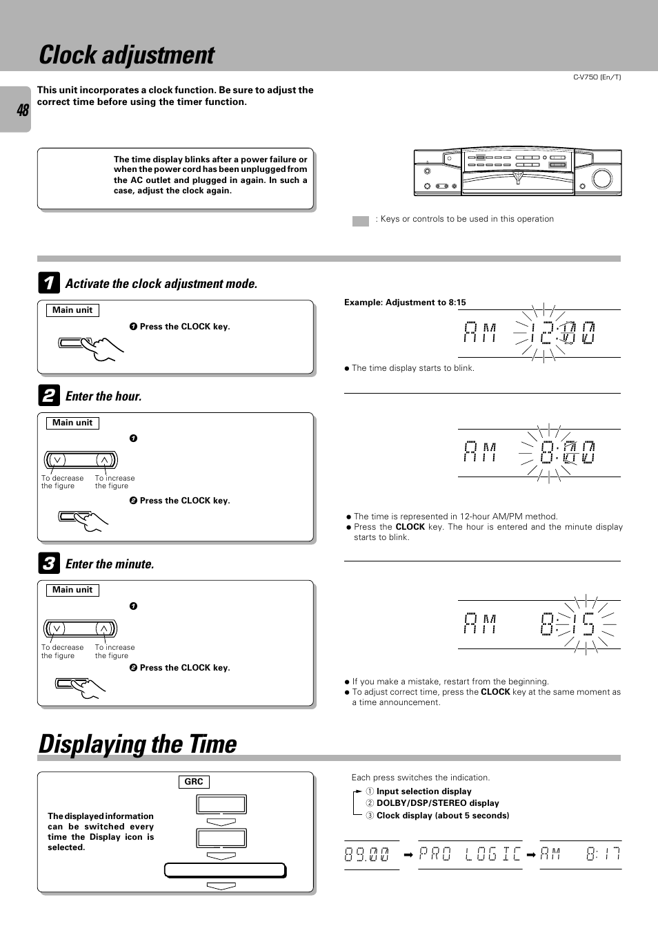 Clock adjustment, Displaying the time | Kenwood C-V750 User Manual | Page 48 / 60