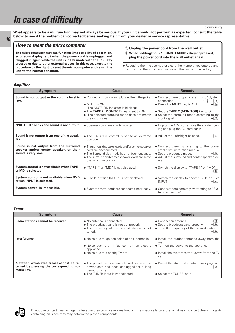 In case of difficulty, How to reset the microcomputer, Amplifier | Tuner | Kenwood C-V750 User Manual | Page 58 / 60