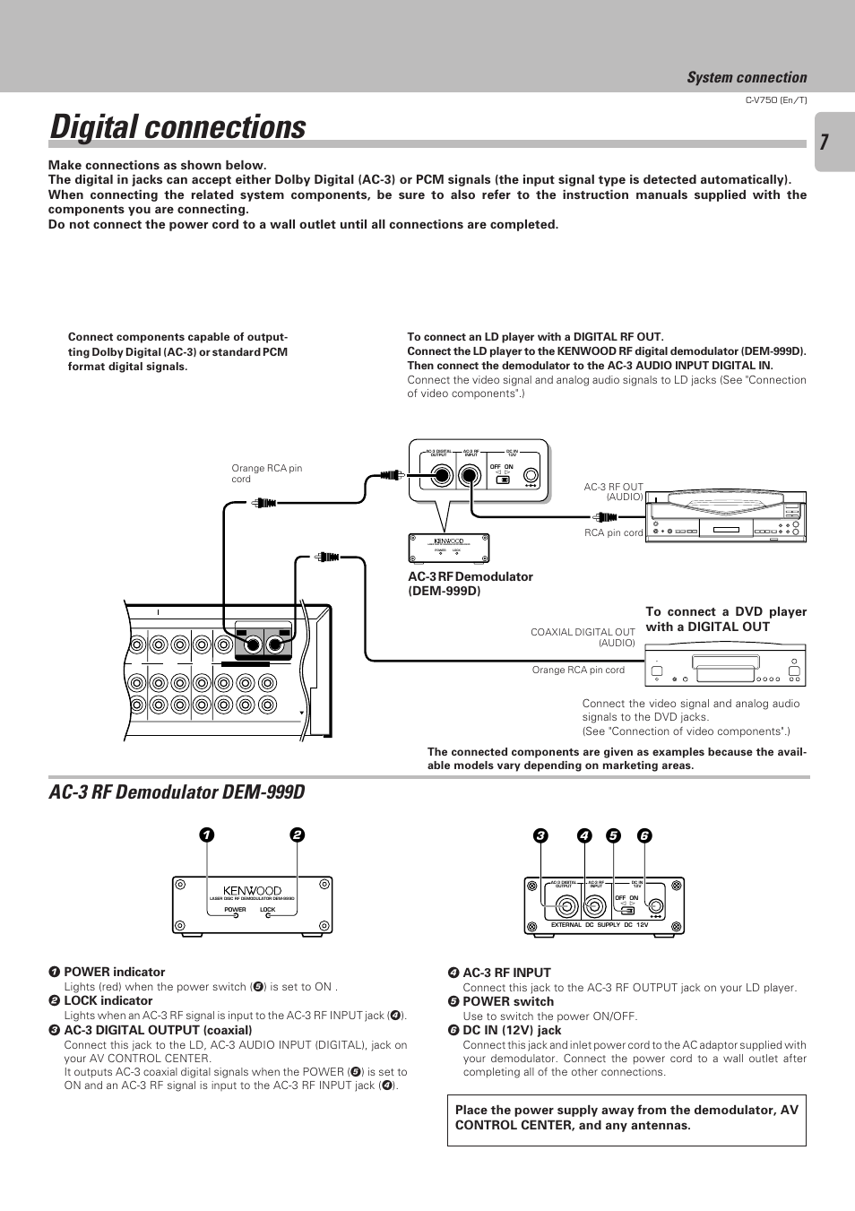 Digital connections, Ac-3 rf demodulator dem-999d, System connection | 1 power indicator, 2 lock indicator, 3 ac-3 digital output (coaxial), 4 ac-3 rf input, 5 power switch, 6 dc in (12v) jack | Kenwood C-V750 User Manual | Page 7 / 60