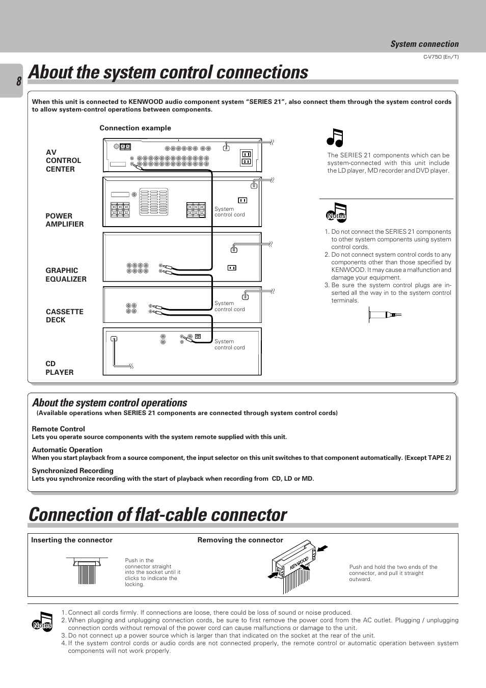 About the system control connections, Connection of flat-cable connector, About the system control operations | System connection | Kenwood C-V750 User Manual | Page 8 / 60