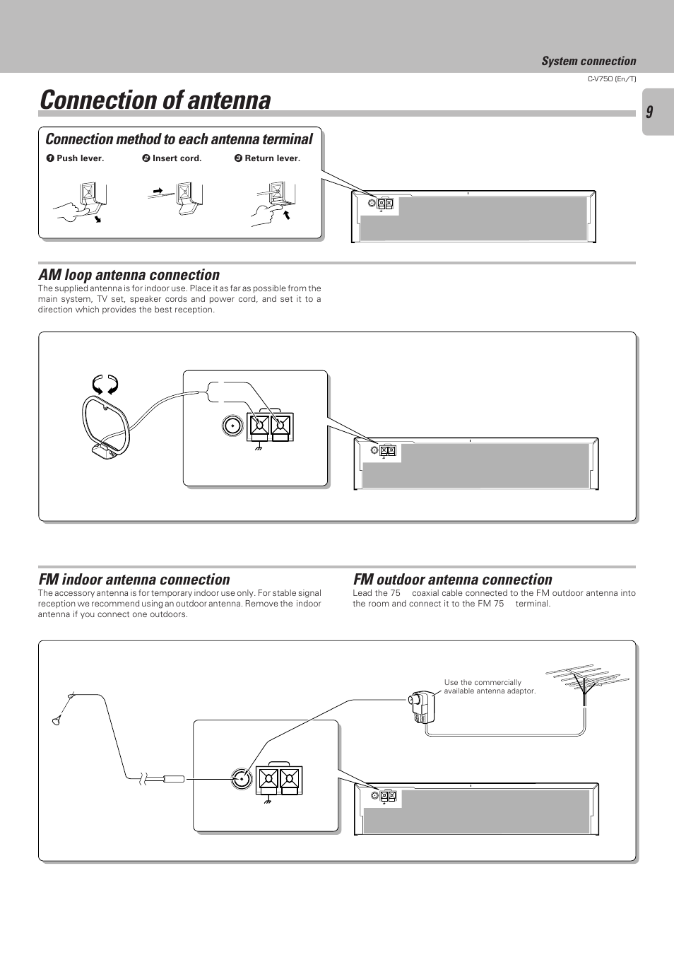 Connection of antenna, Connection method to each antenna terminal, Am loop antenna connection | Fm outdoor antenna connection, Fm indoor antenna connection, System connection | Kenwood C-V750 User Manual | Page 9 / 60