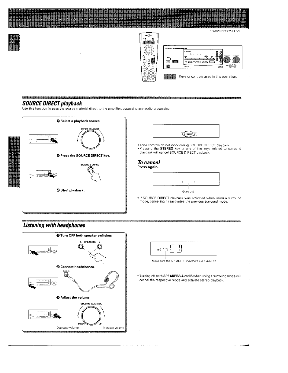 Source direct playback, To cancel, Listening with headphones | Г" t1 | Kenwood 1070VR User Manual | Page 21 / 53