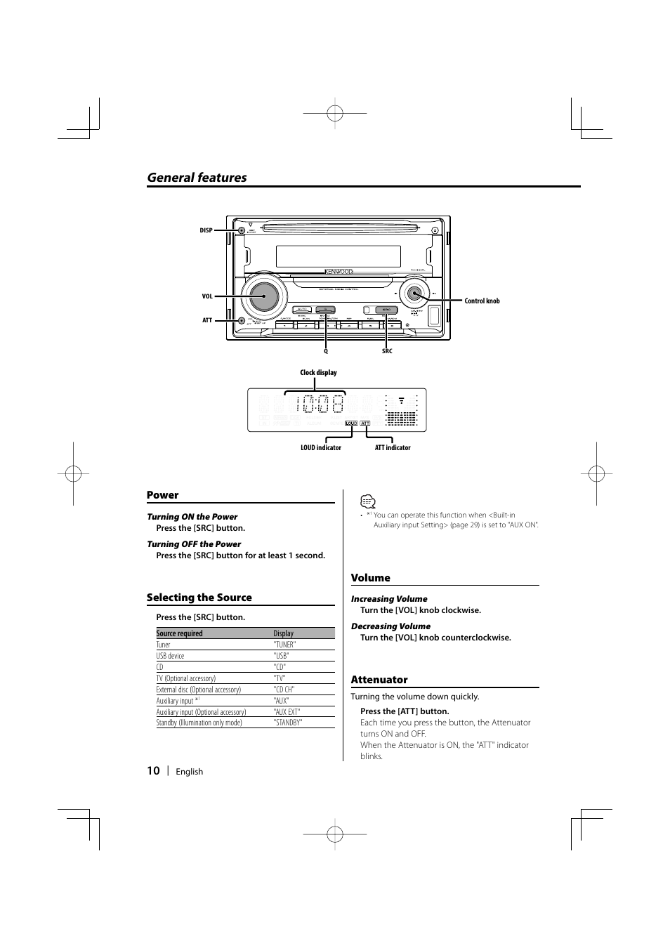 General features, Power, Selecting the source | Volume, Attenuator | Kenwood DPX-MP2090U User Manual | Page 10 / 44
