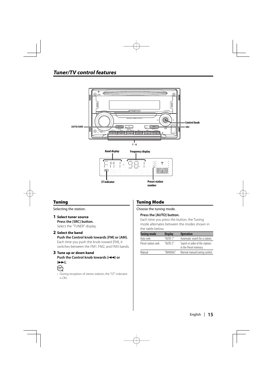 Tuner/tv control features, Tuning, Tuning mode | Kenwood DPX-MP2090U User Manual | Page 15 / 44