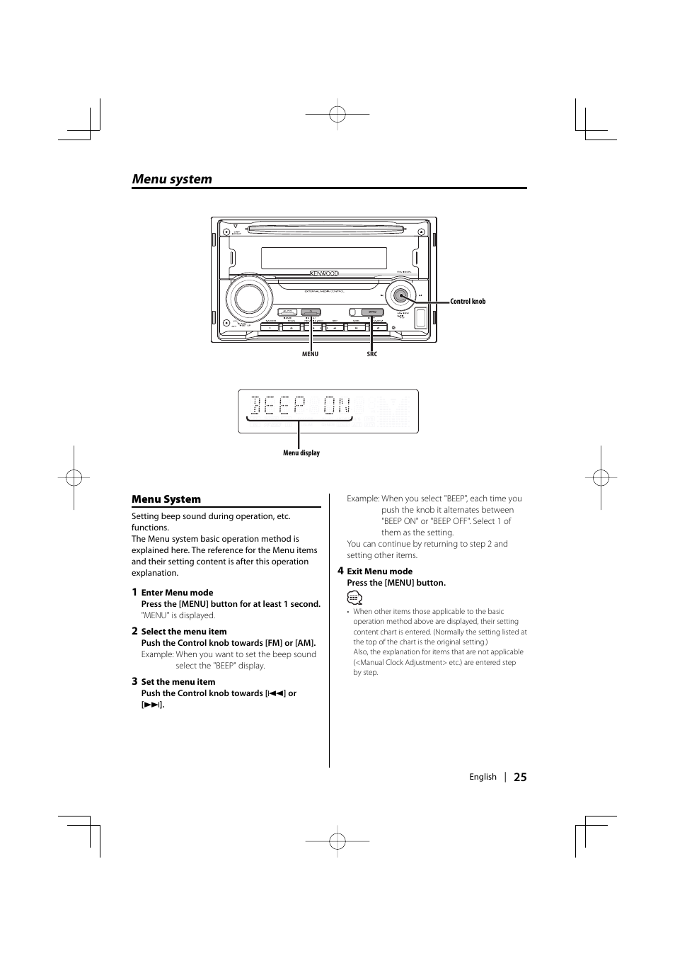 Menu system | Kenwood DPX-MP2090U User Manual | Page 25 / 44