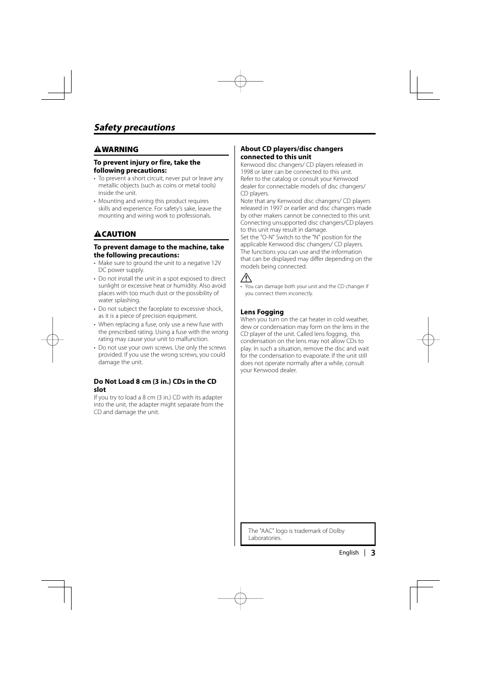 Safety precautions | Kenwood DPX-MP2090U User Manual | Page 3 / 44