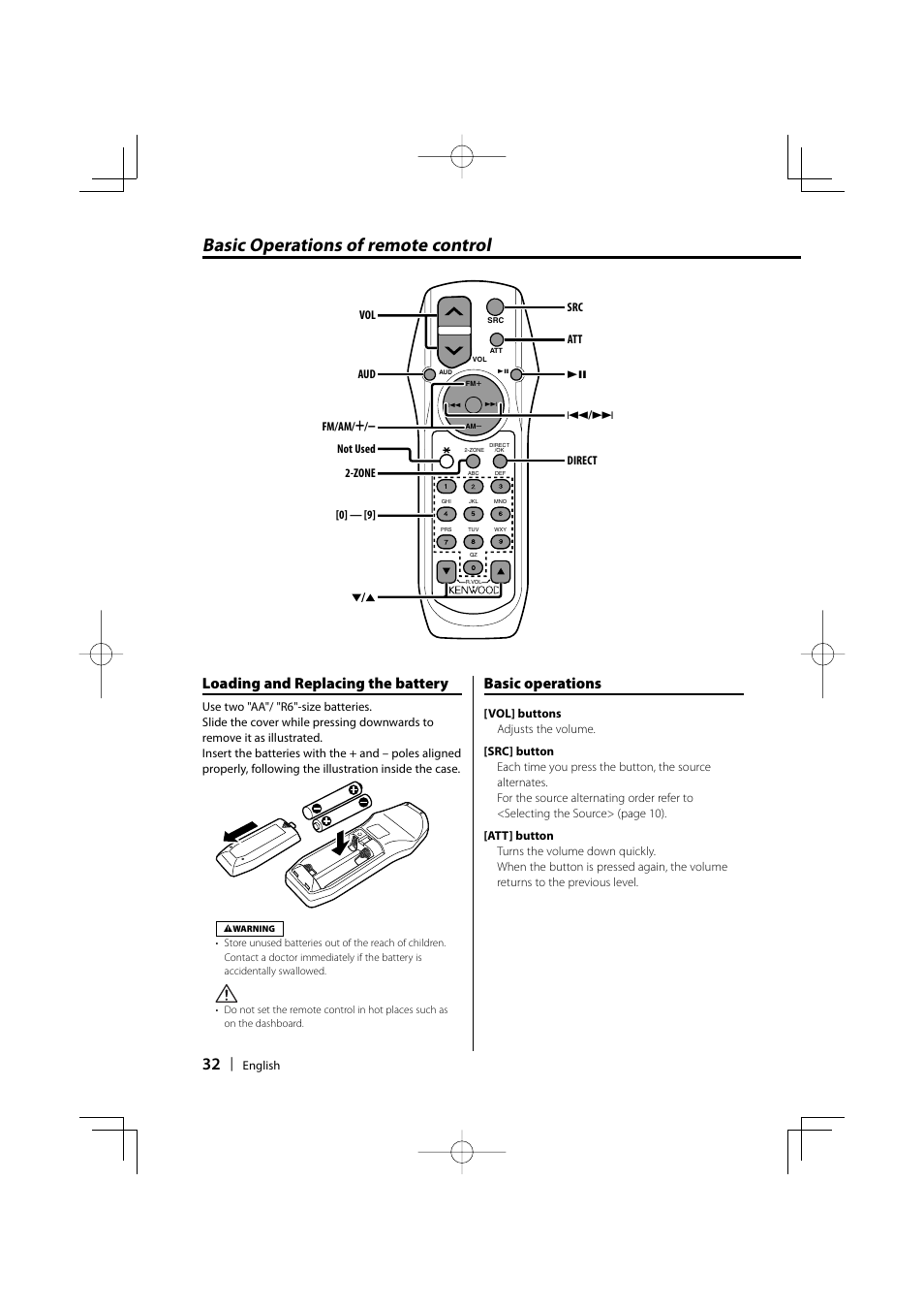 Basic operations of remote control, Loading and replacing the battery, Basic operations | Kenwood DPX-MP2090U User Manual | Page 32 / 44