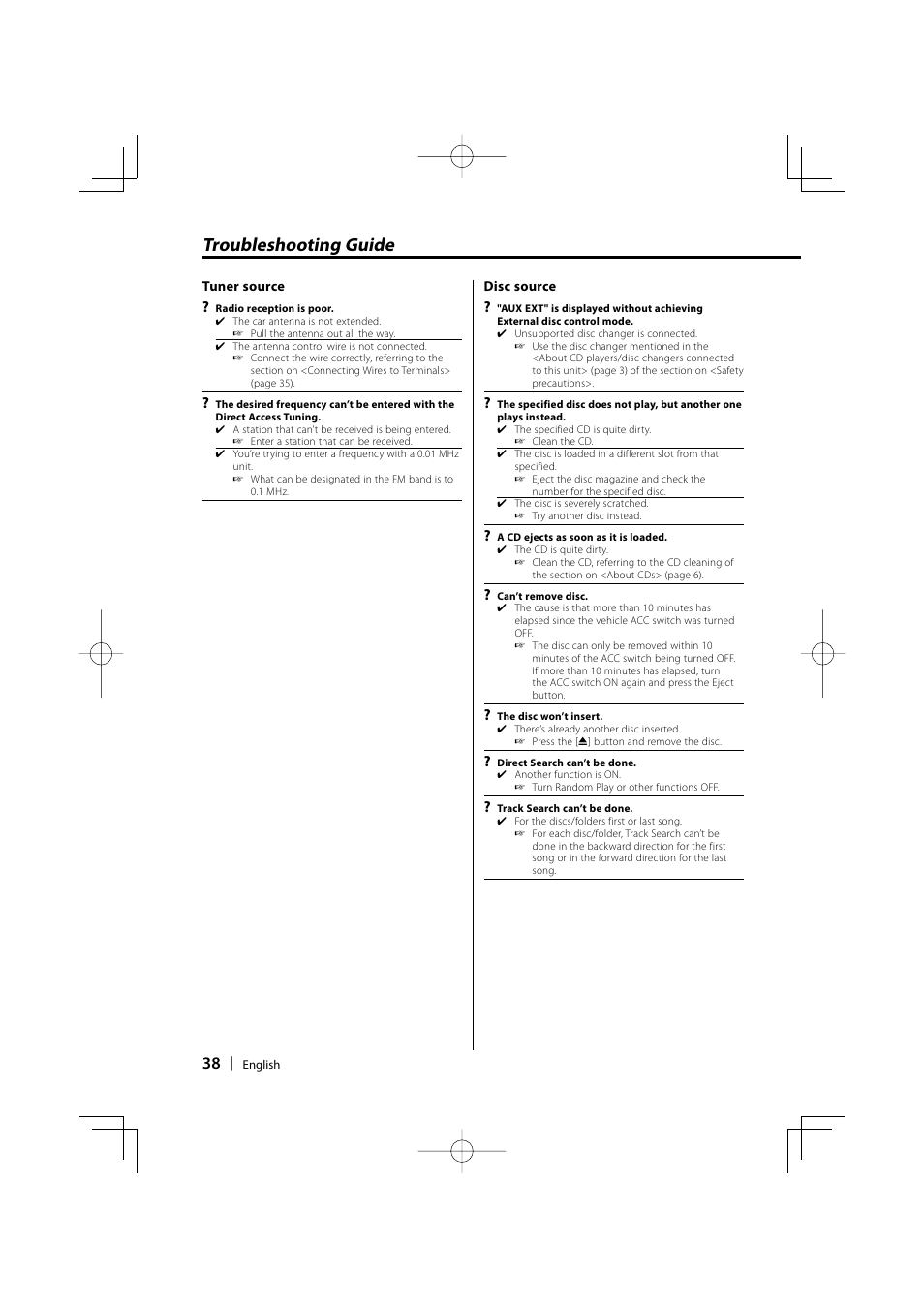 Troubleshooting guide | Kenwood DPX-MP2090U User Manual | Page 38 / 44