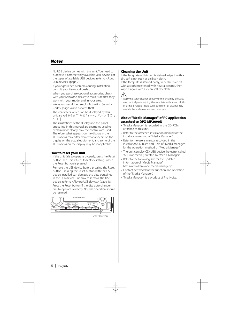 Kenwood DPX-MP2090U User Manual | Page 4 / 44