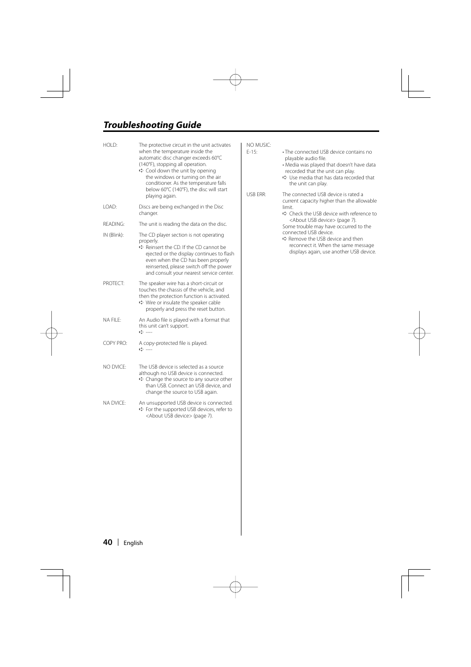Troubleshooting guide | Kenwood DPX-MP2090U User Manual | Page 40 / 44