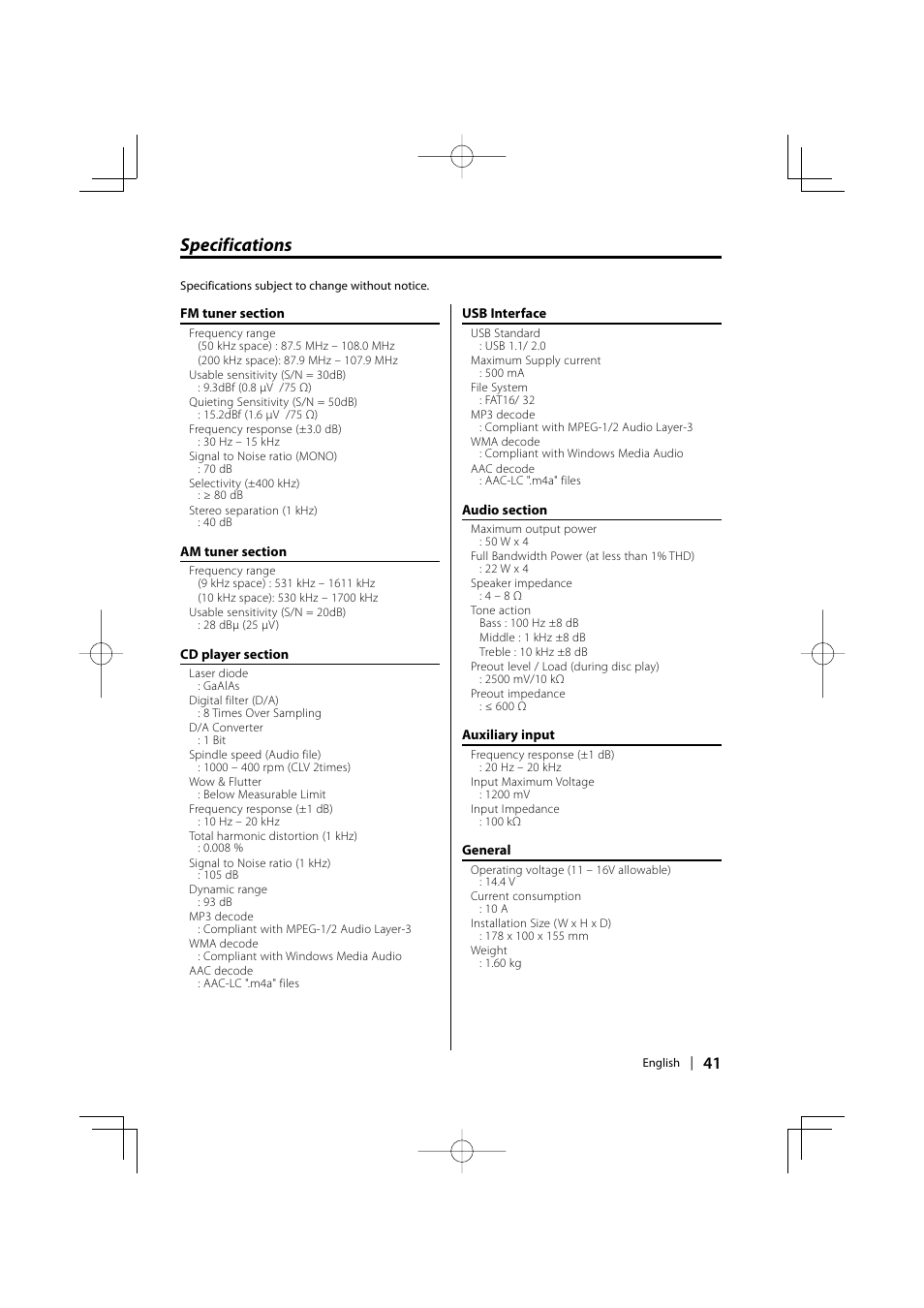 Specifications | Kenwood DPX-MP2090U User Manual | Page 41 / 44