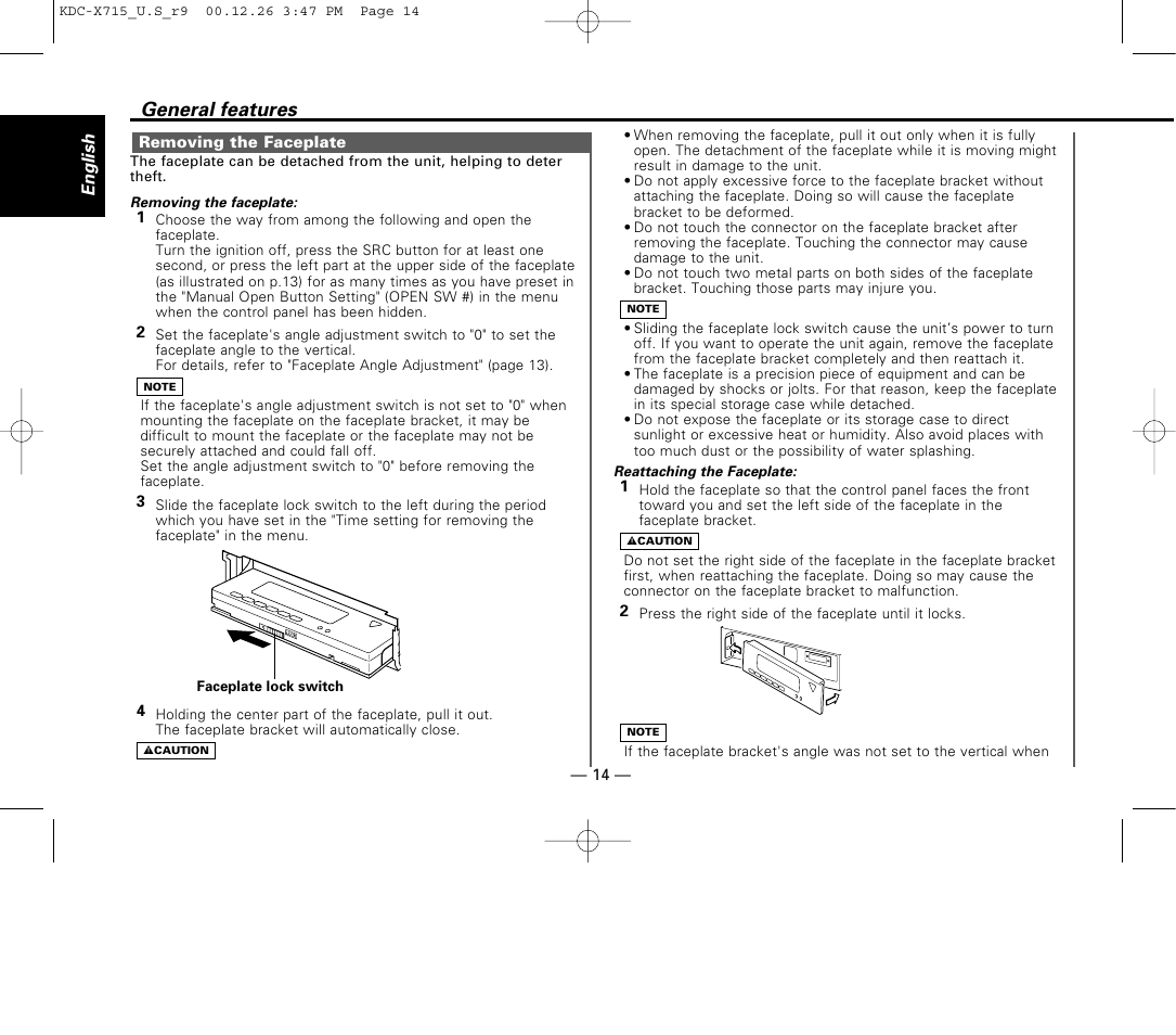 Removing the faceplate, General features | Kenwood 715S User Manual | Page 14 / 52