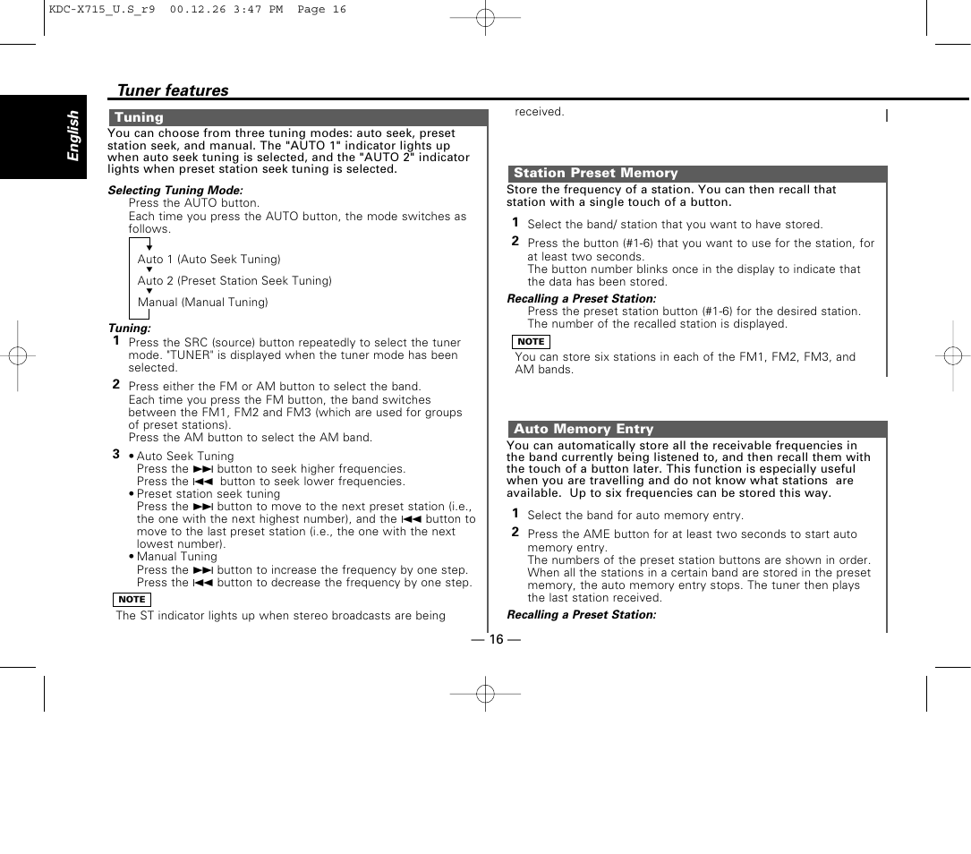 Tuning, Station preset memory, Auto memory entry | Tuner features | Kenwood 715S User Manual | Page 16 / 52