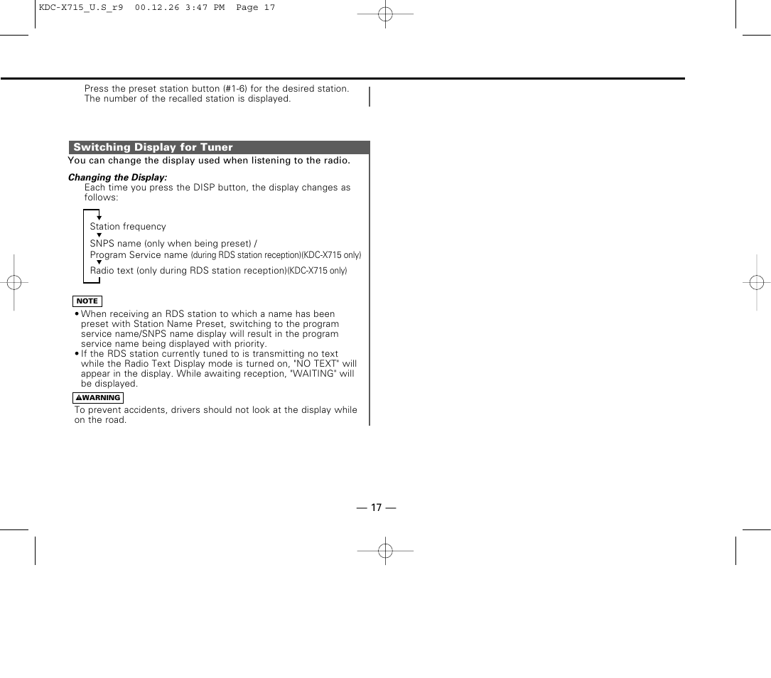 Switching display for tuner | Kenwood 715S User Manual | Page 17 / 52