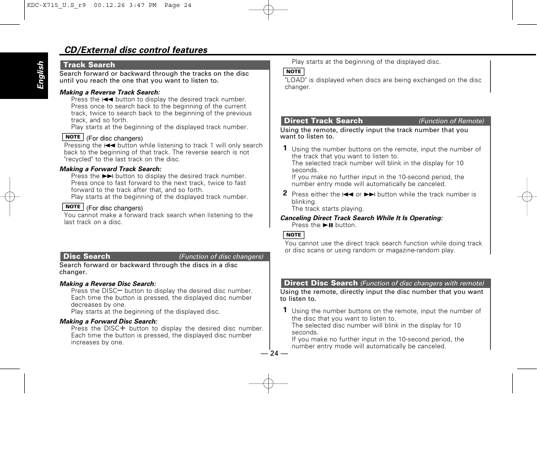 Track search, Disc search, Direct track search | Direct disc search, Cd/external disc control features | Kenwood 715S User Manual | Page 24 / 52